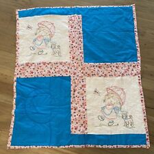 Vintage Handmade Embroidered Baby Crib Blanket Quilt Pink Floral Girls 39x43