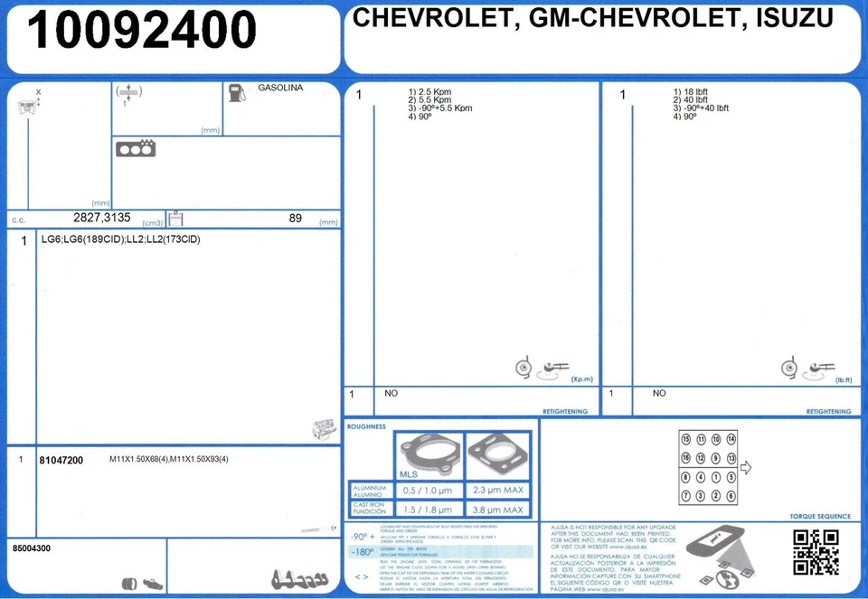 Full Engine Rebuild Gasket Set ISUZU RODEO V6 3.1 122 LG6 (1991-/1992) - Изображение 2 из 2