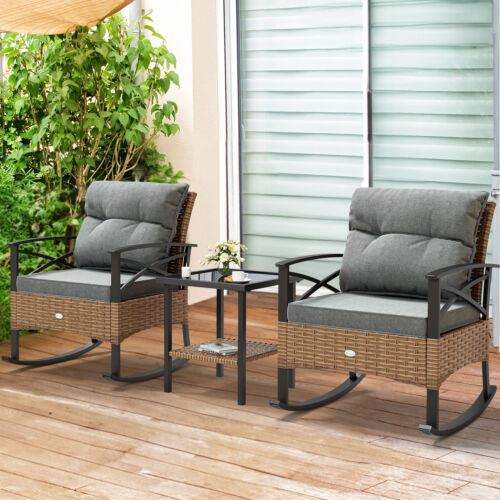 3-Piece Outdoor Rocking Chair Bistro Set, Patio Wicker Chair Conversation Set