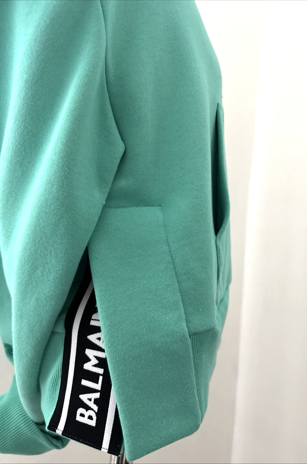 Balmain — BALMAIN Sea Green/White Logo Flocked Women's Hoodie Sweatshirt Top Pullover M