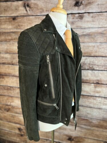 Allsaints Imara Suede Biker Jacket Size S Leather Green - Picture 2 of 9