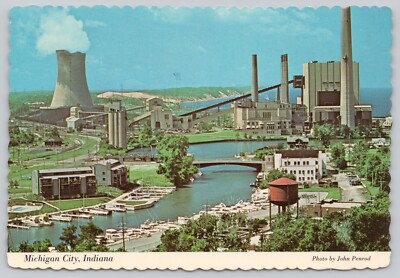 #ad #ad Postcard Michigan City Indiana Power Plant Cooling Tower Boats and Waterfront $5.93