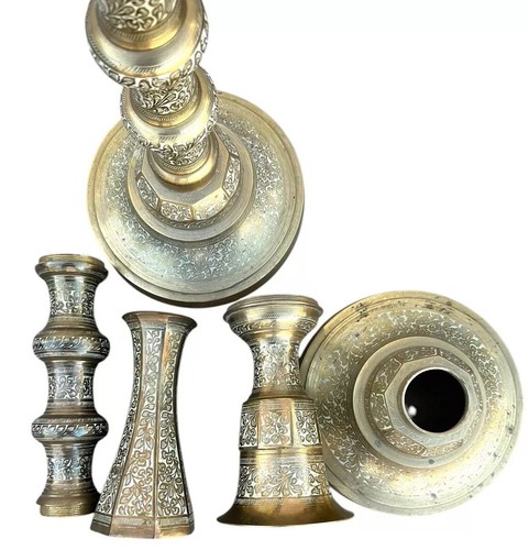 28” Tall Pillar Candle Holders Brass Enameled Engraving Middle Eastern - Picture 13 of 18