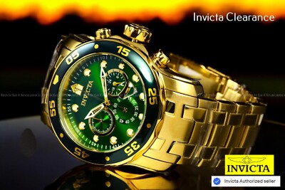Mens Invicta Pro Diver Scuba 18kt Gold Plated Chronograph Green 48mm Watch New