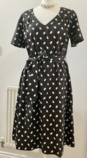 Jaeger knee dress black off white spotty dotty silk cotton with Belt UK 10