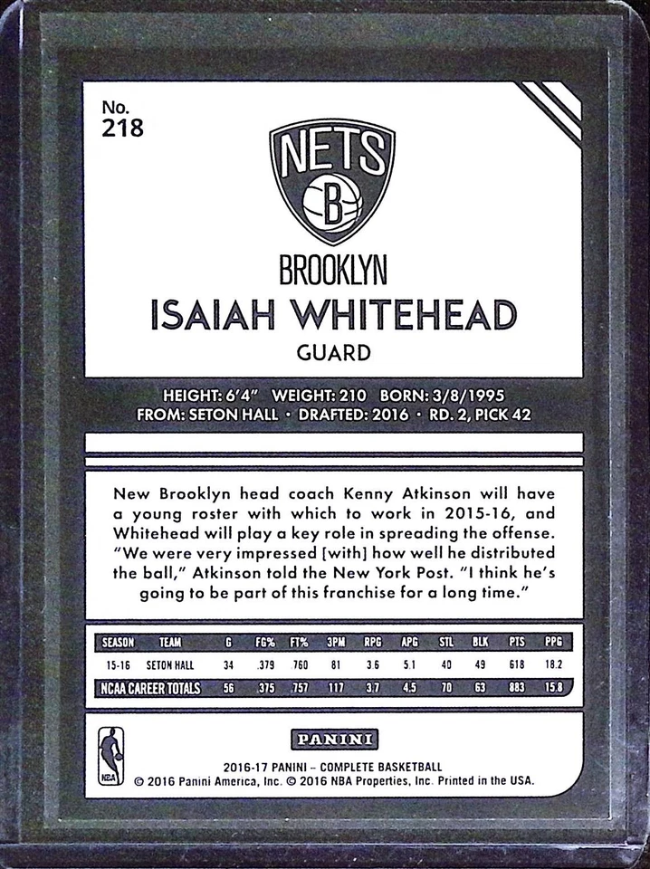 2016-17 Panini Complete #218 Isaiah Whitehead - Image 2 of 2