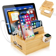 Bamboo Charging Station for Multi Devices, Small Desktop Docking Stand, Cell ...