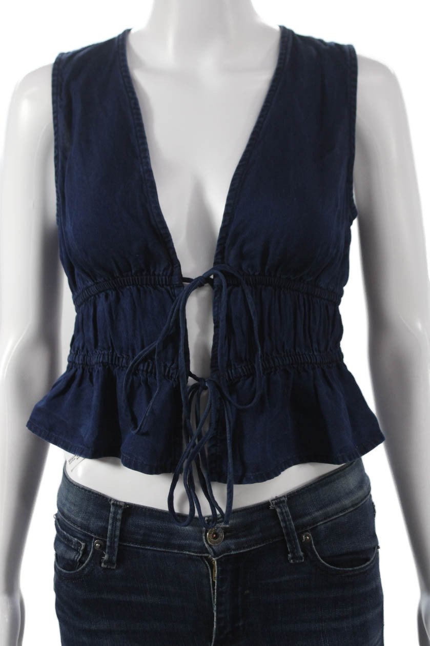 MNG Women Cropped V-Neck Tencel Tank Blue Size XSFree Shipping in US $100+ Orders | $6.95 Orders Below