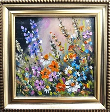 Blooming Flowers Wildflower Painting 4x4inOriginal Floral Oil Impasto Art Signed