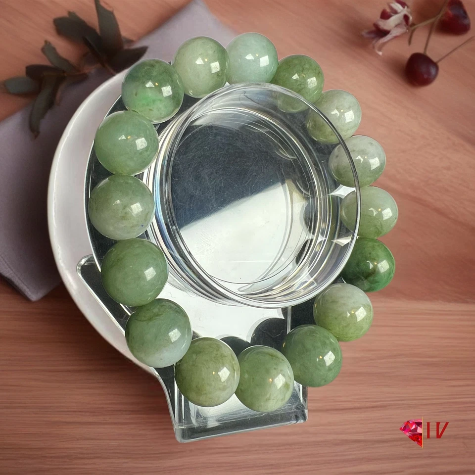 Pulseira de miçangas padrão floral verde jadeíta natural birmanesa autêntica 13 mm - Imagem 3 de 4