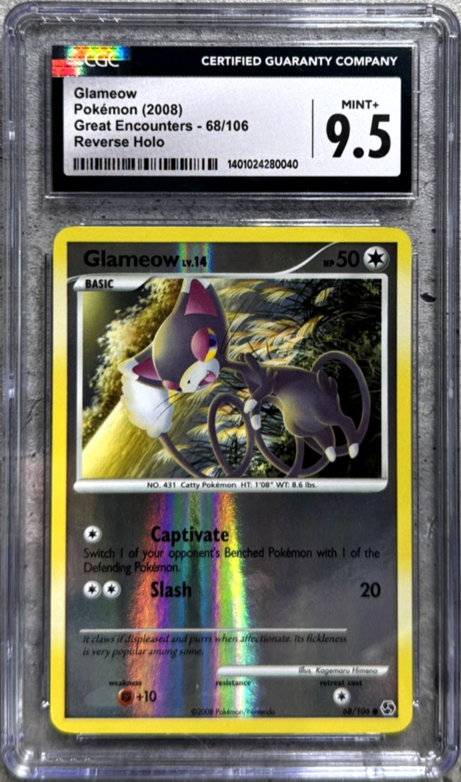 Pokemon Card Glameow Reverse Holo CGC 9.5 Mint+ Great Encounters 68/106 2008 (1)