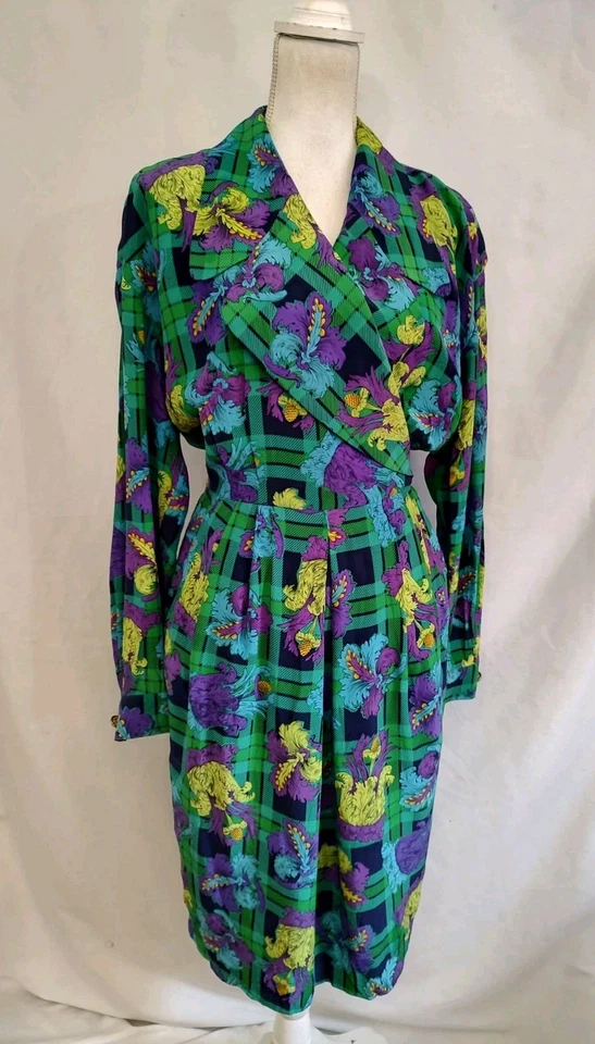 Vintage 90's Dana Buchman SILK Shirt Dress Bold Print Retro Wrap Top Collared 12 - Image 3 of 4