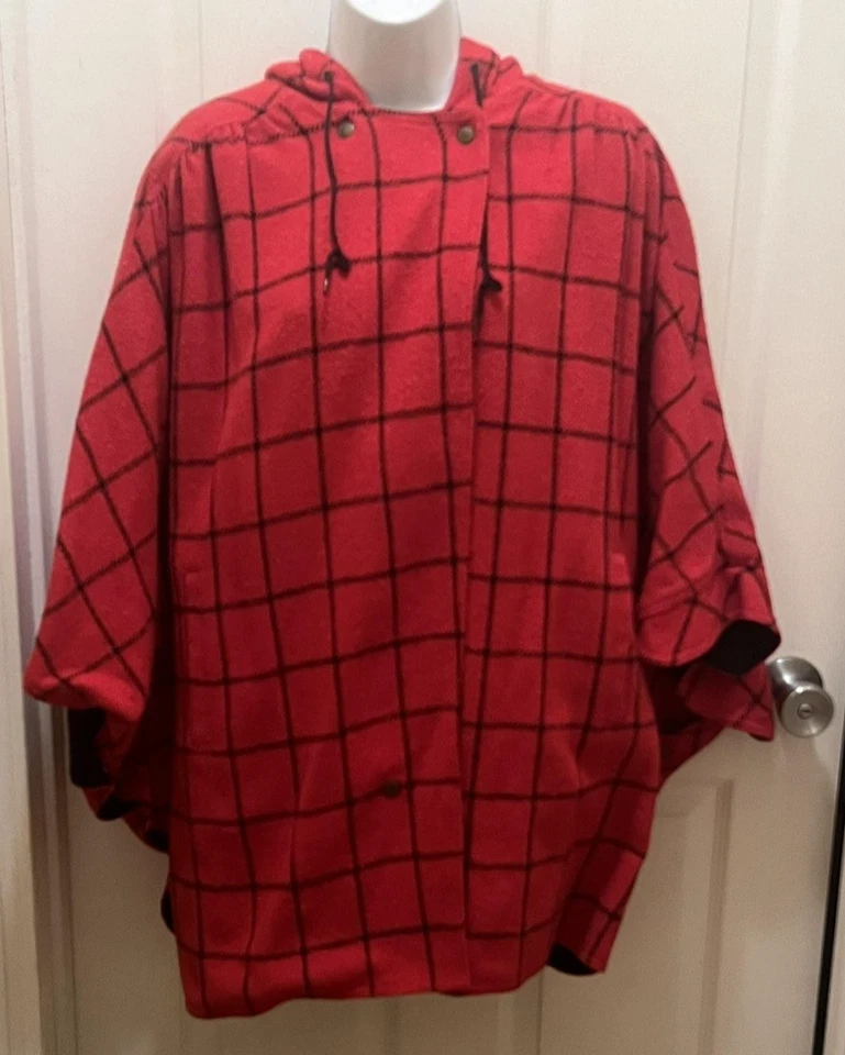 Poncho reversible con capucha capa para mujer talla única rojo negro ventana acogedores botones Foto 2 de 4