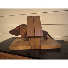Antique Weathered WEYERHAEUSER Saw Mill Collectible Dachshund Wood Book Ends