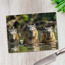 Trio of Water Capybaras Glass Chopping Board Large Kitchen Worktop Saver