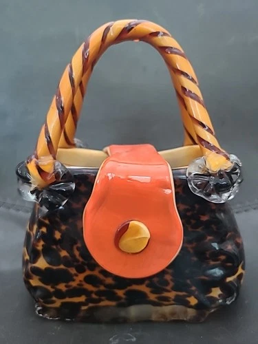 Murano Hand Blown Italian Art Glass Vase Purse Handbag tortoise Cheetah Twist 8"