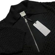 Varley Teagan Boxy Knit Polo Shirt Black Open Stitch Short Sleeve Sweater NWT