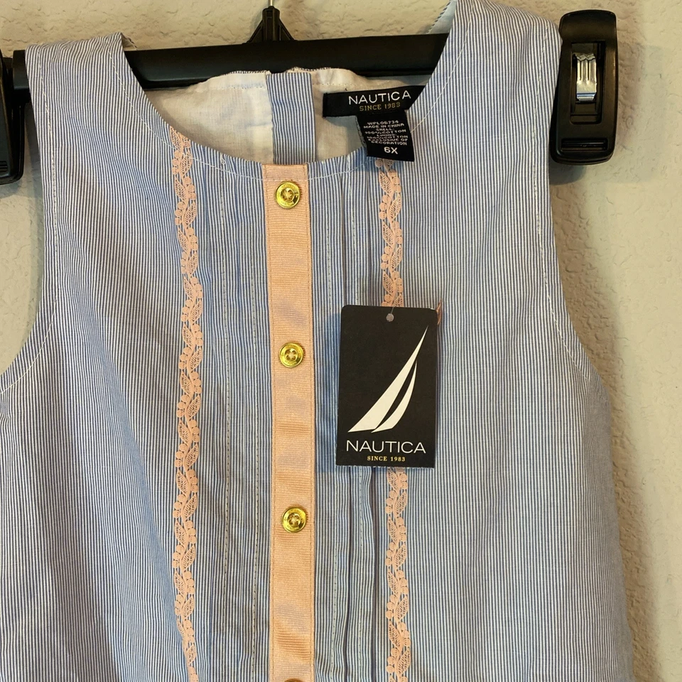 Nautica Sleeveless Dress chest logo blue and white stripe 100% Cotton Size 6X - Image 3 of 4