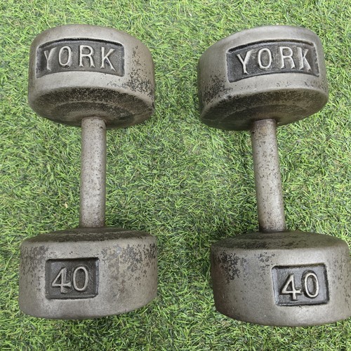 TWO YORK ROUNDHEAD DUMBBELLS WEIGHT 40 LB. EACH US STAMPED HEADS