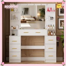 Vanity Desk with 11 LED Lighted Mirror, Makeup Dressing Table w/ 7 Drawers White