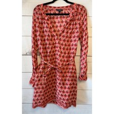 J.Crew Coral Pink Floral Ramie Mini Dress Long Sleeve V-Neck Tie Waist Small