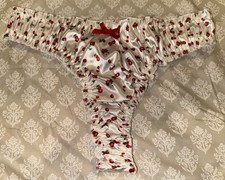 Vtg Styl White w Red Cherries Crinkle Edge Shiny Satin Thong Panties XL NEW