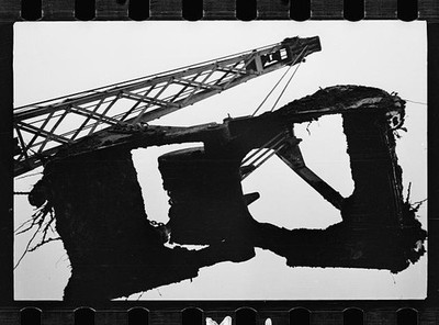 Photo:1930s Fire Damaged Building Crane Demolition Photograph