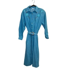 VTG Trillium Blue Denim Dress Western Cowgirl Embroidered Floral Belt Size XL