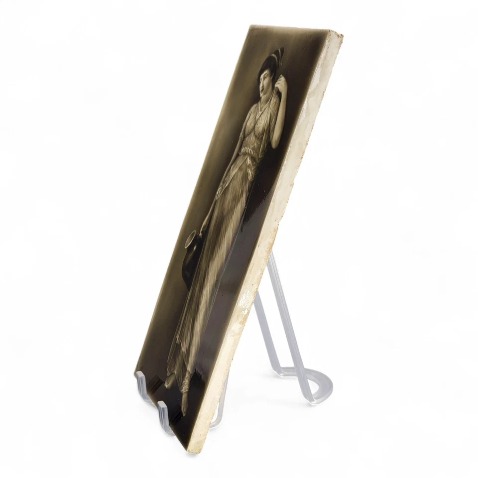 Art Nouveau Sherwin & Cotton Victorian tile “Lady with Ewer” c1890 mustard glaze - Image 3 of 4