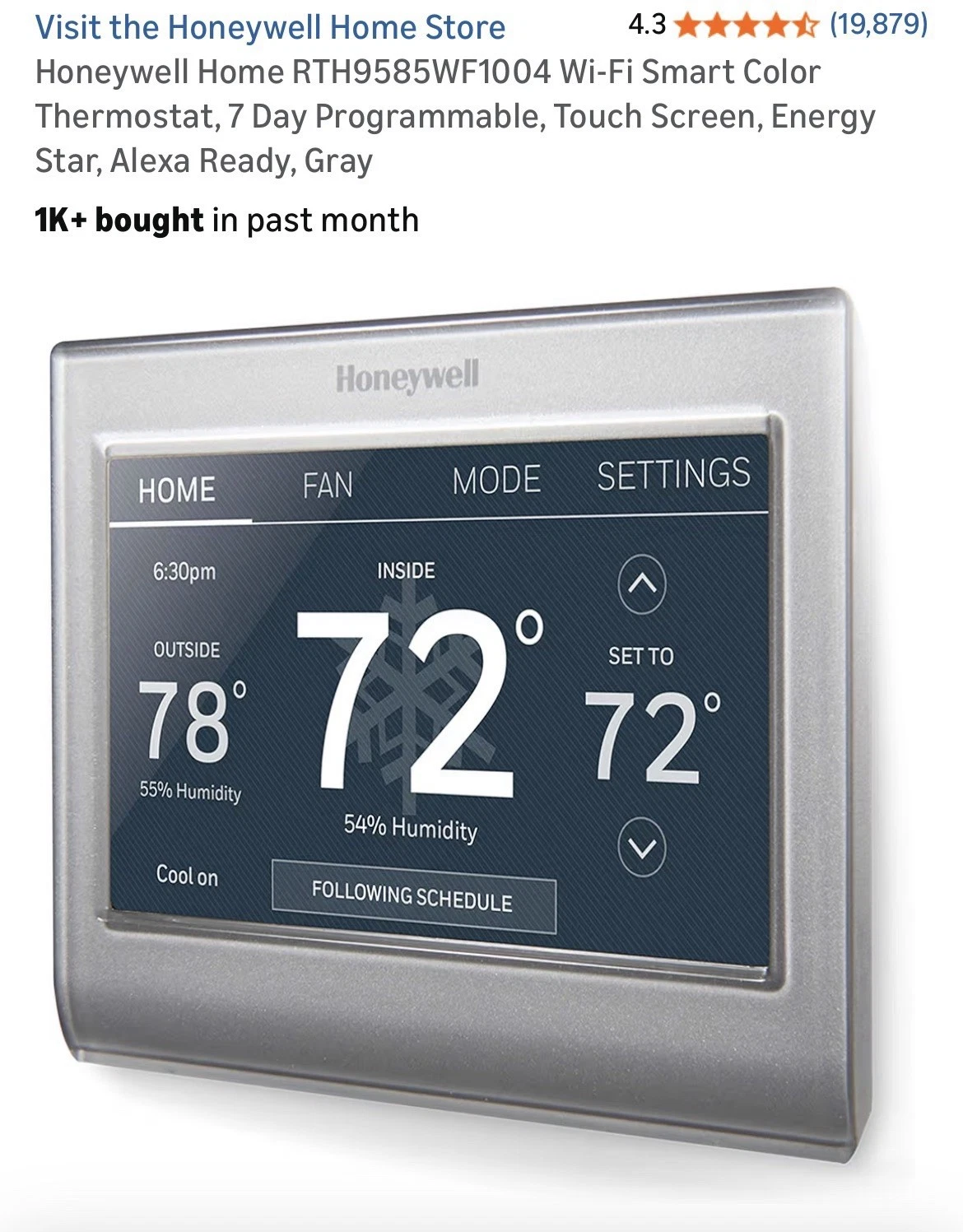 Honeywell Home RTH9585WF1004 Wi-Fi Smart Color Thermostat, 7 Day Programmable, T
