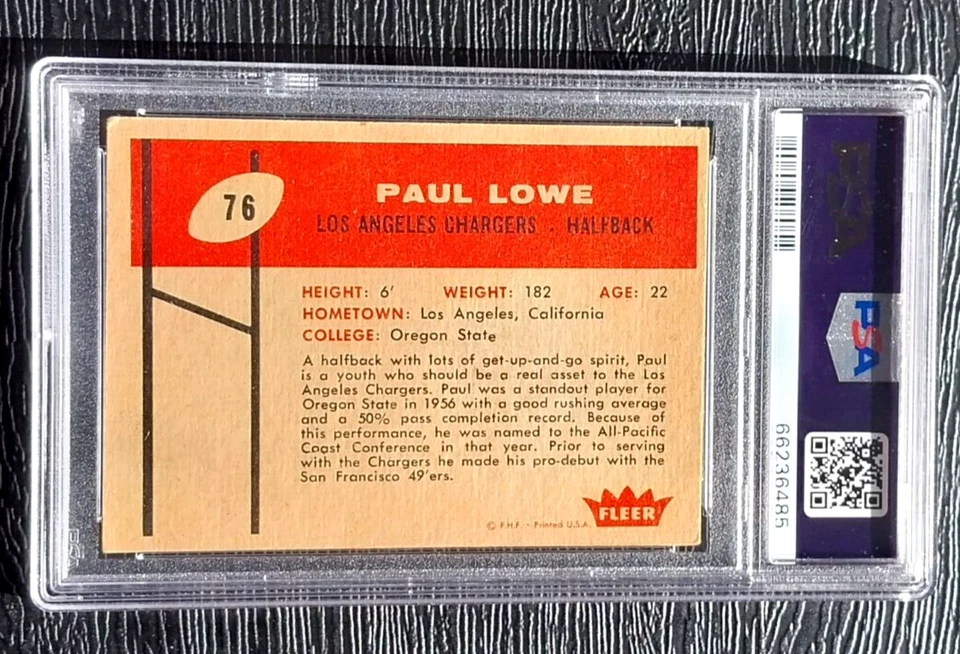 1960 FLEER PAUL LOWE ROOKIE FOOTBALL CARD #76 **NO CREASES** *SHARP* PSA 4 VGEX - Image 4 of 4