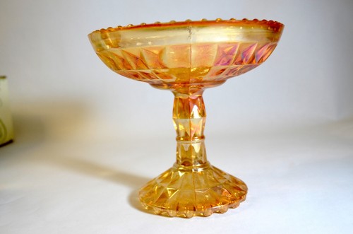 EUC CARNIVAL GLASS ORANGE PEDESTAL IRIDESCENT COMPOTE VINTAGE CANDY DISH - Picture 4 of 6