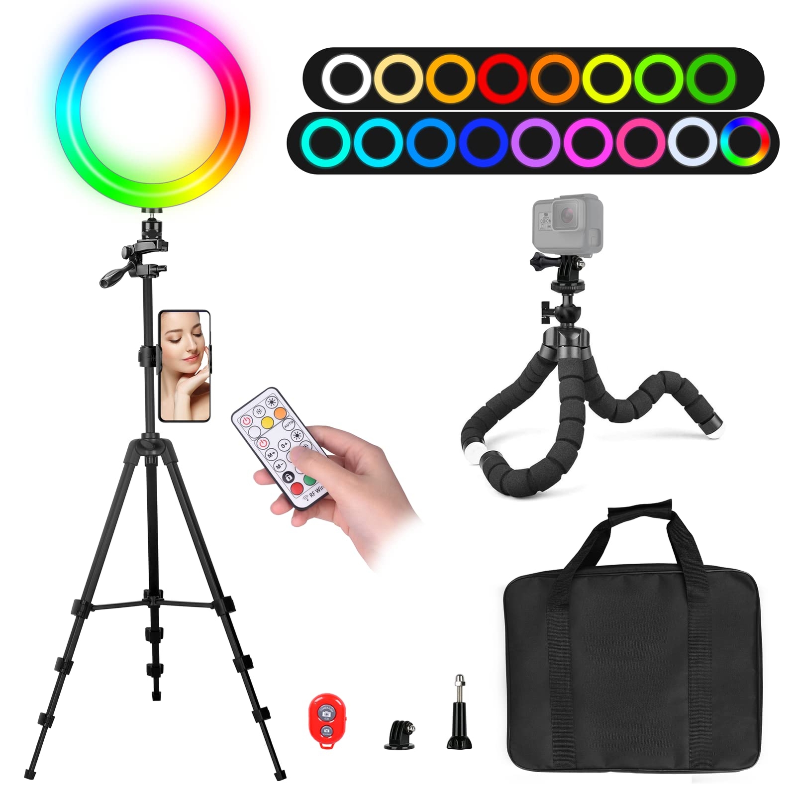 10 Ring Light with 55 Extendable Tripod Stands 16 Colors RGB Camera Selfie Ri-image
