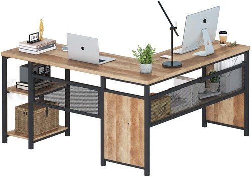 59 Inch L Shaped Computer Desk Wood Shelves Rustic Home Office Corner Rustic