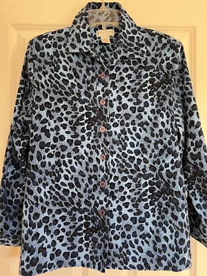 Ladies Drapers & Damon's Long Sleeve Blue Animal Print Blouse Petite Large