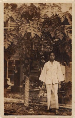 MALAYSIA ~ NATIVE WOMAN WITH BASKET, POSED IMAGE, REAL PHOTO PC ~ c 1910-20's