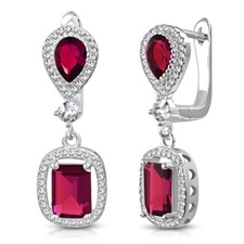 925 Sterling Silver Rectangular Teardrop Red Ruby-Tone CZ Dangle Earrings, 1.2"