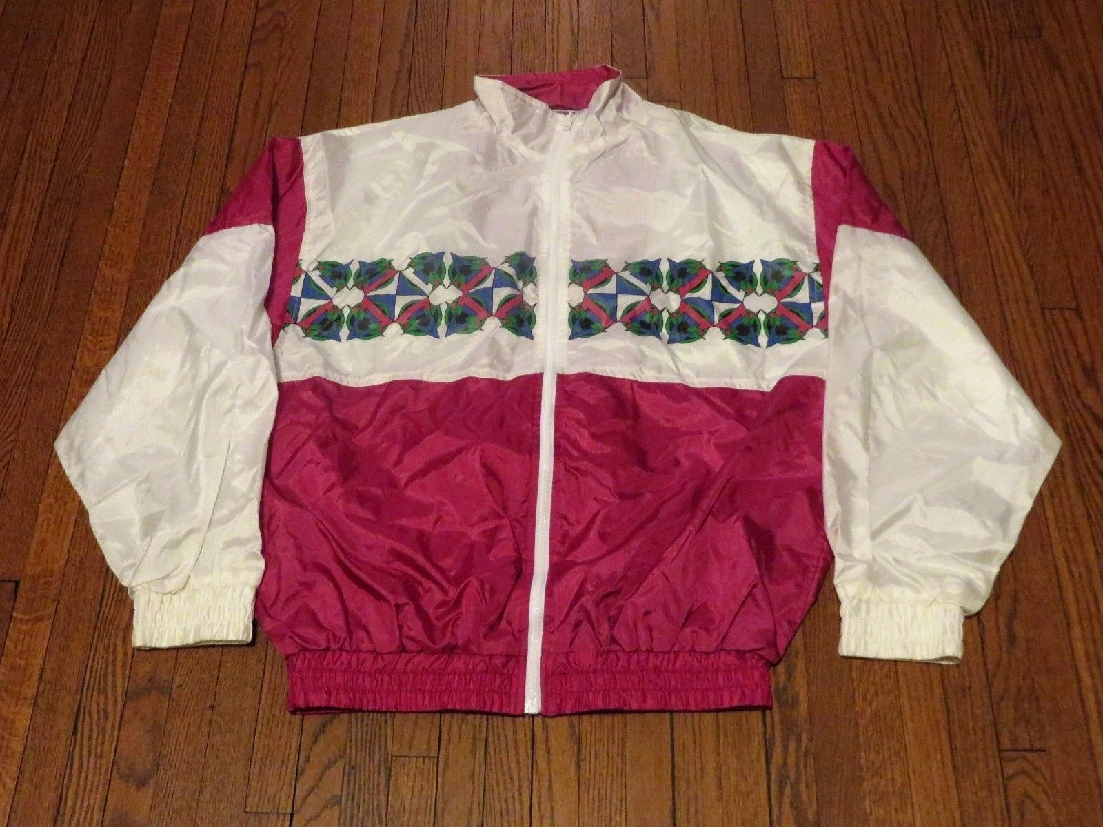 VTG 80's 90's London Fog Golf White Raspberry Geometric Windbreaker Jacket sz M