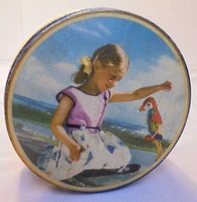 Edward Sharp & Sons LTD, England Round Tin Girl & Parrot,  4.25" Across Vintage