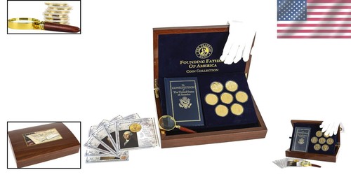 Esclusivo Set Monete Padri Fondatori 7 Pezzi - Rivestito in Oro 24K con Espositore - Foto 2 di 9