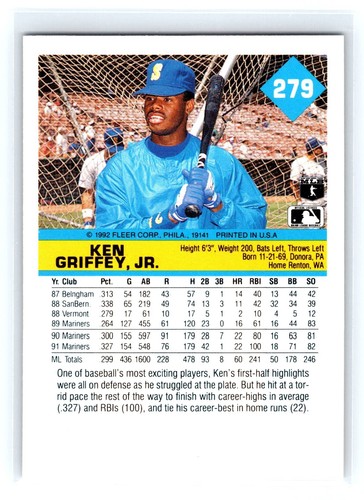 1992 Fleer #279 Ken Griffey, Jr. Seattle Mariners - Picture 2 of 2
