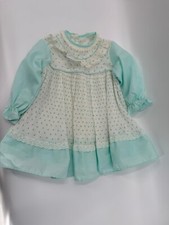 Vintage Hand Made Baby Girl Dress Green Floral White 24 Months