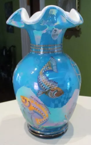 Fenton Turquoise Overlay Iridized Vase HP Gold Koi Fish Designer Showcase 2001