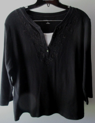 L Croft & Barrow T Shirt Top Blouse 3/4 Sleeve Black Solid V-Neck Dickie Embroid