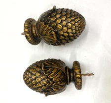 2x Wooden Pine Drapery Curtain Rod Finials Fits 1 3/8” Rod - Screw On - Gold