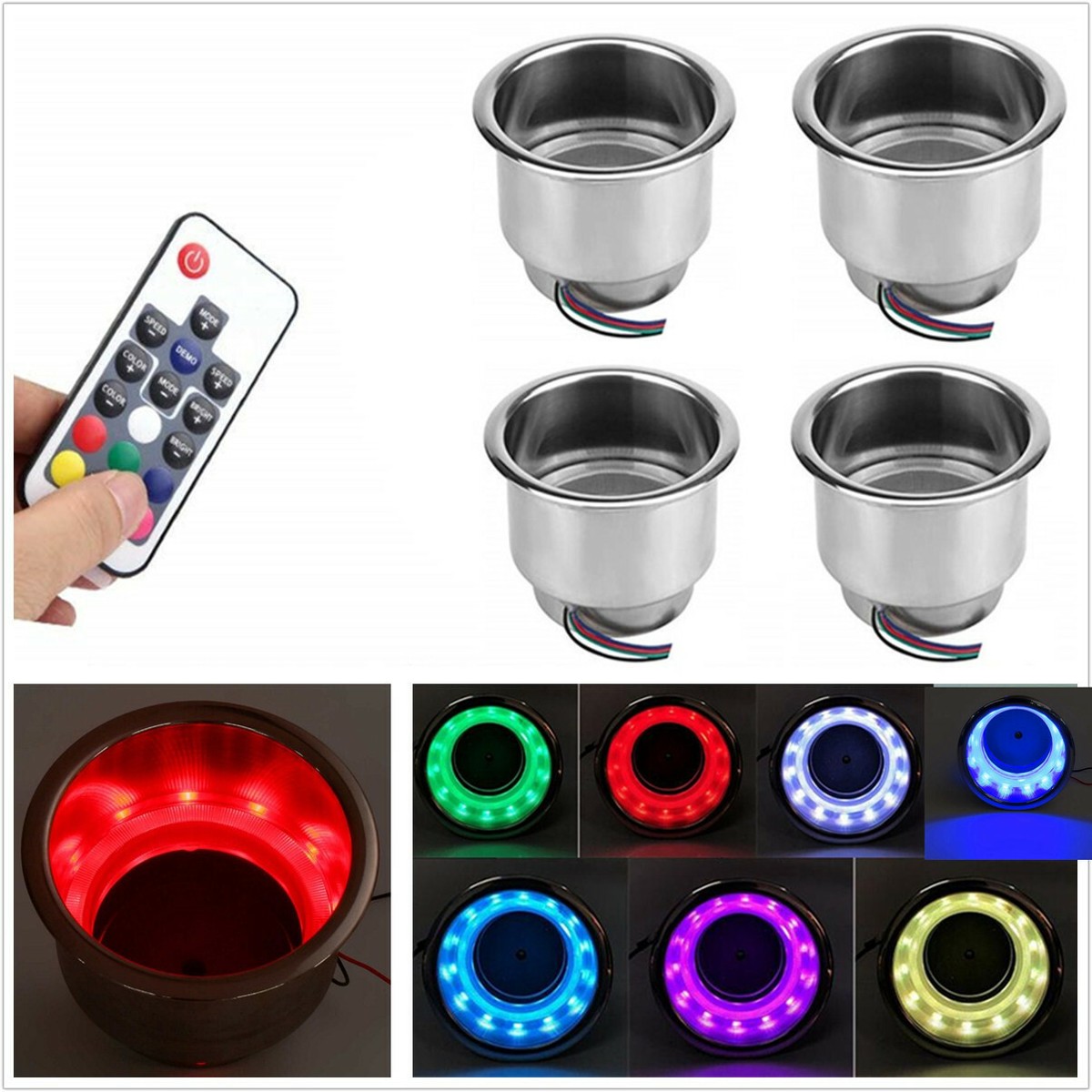 4pc Stainless Steel Cup Drink Holder 14 LED Remote RGB Lights for