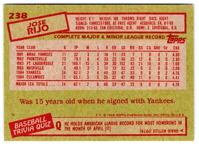 JOSE RIJO RC 1985 TOPPS 85 NO 238 NRMINT+ 33135 | eBay
