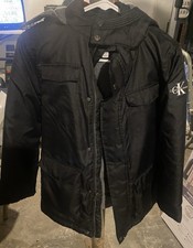 Calvin Klein Jeans Hooded Winter Coat Boys Size M 10/12 Sleeve Logo Very Nice 