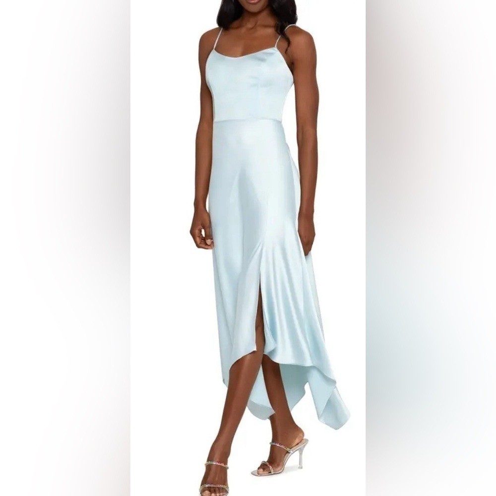 Xscape Handkerchief Hem Satin Gown - Aqua size 14