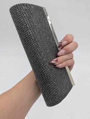Black Silver Metallic Mesh Snap Clutch with Argyle design and removable Chain
